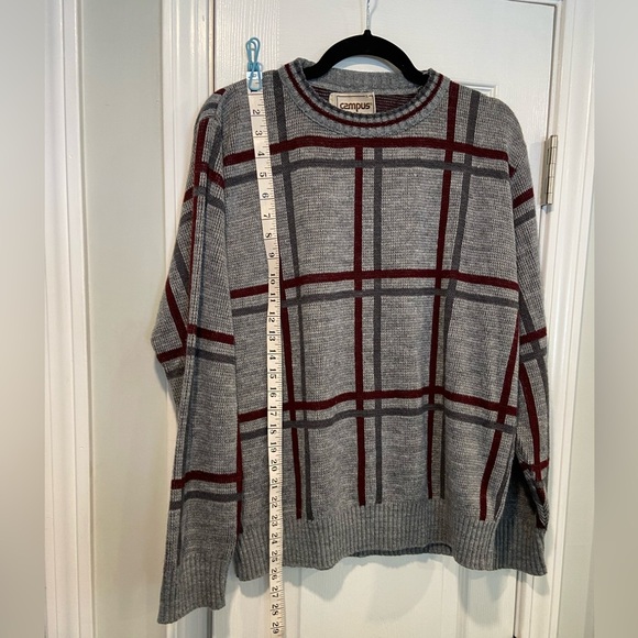 VTG Campus Size L Gray Stripe Plaid Long Sleeve Knit Crew Neck Pullover Sweater - Picture 6 of 10
